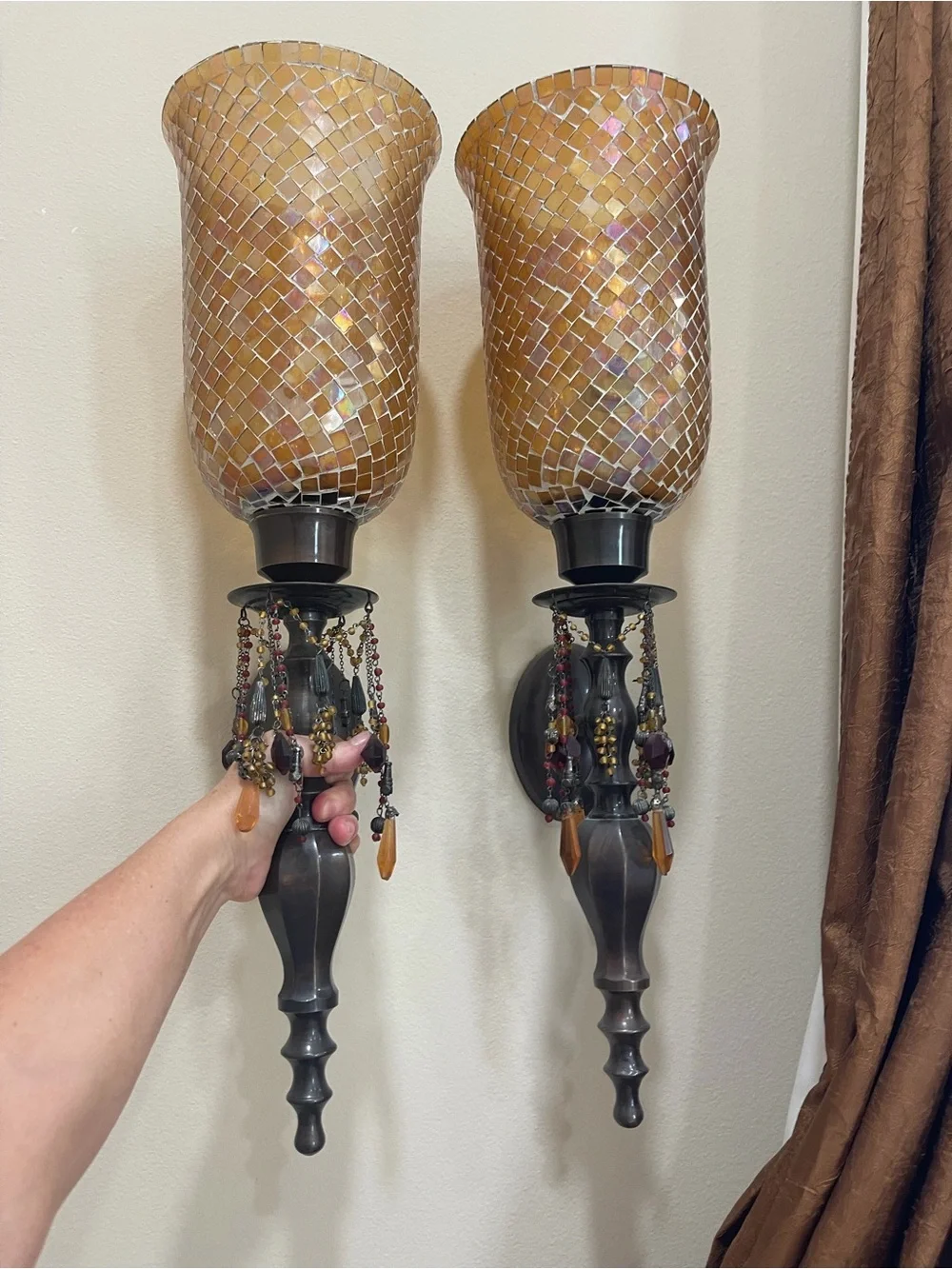 Amber Mosaic Glass Wall Sconce Pair with Beaded Accents